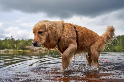 About -x Golden retriever walking playfully in a scenic outdoor body of water.