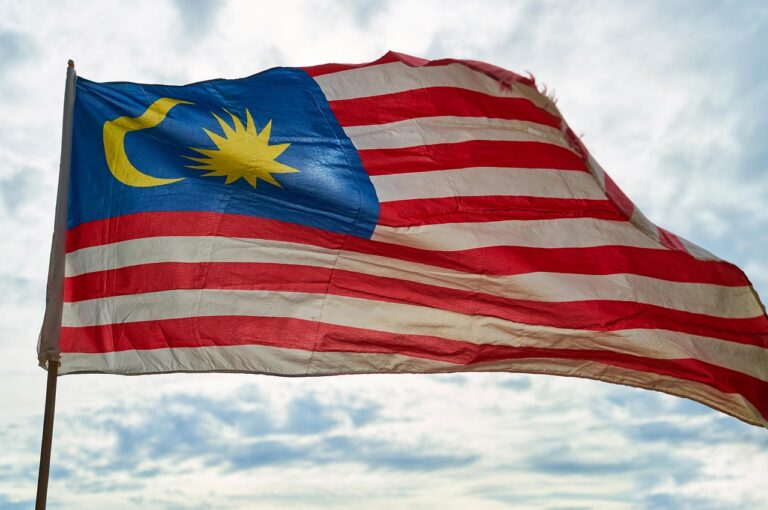 马来西亚国旗，蓝红条纹 Malaysia flag with blue and red stripes.