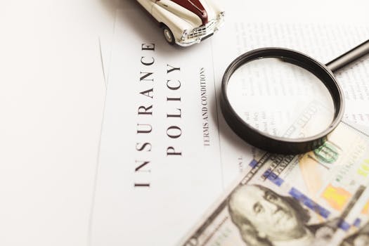 宠物保险 Pet Insurance 保险单、放大镜、玩具车和钱的近景 Insurance policy with magnifying glass, toy car, money.