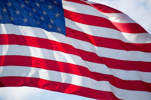 美国国旗迎风飘扬 USA flag waving in wind.
