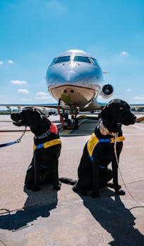 服务犬在飞机前跑道上坐卧 Service dogs sitting on runway in front of airplane.