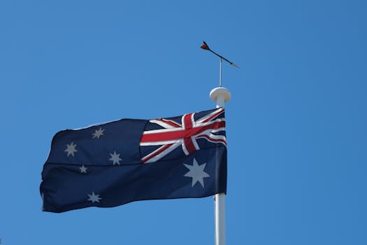 澳大利亚国旗在旗杆上迎风飘扬的特写 Close-up of the Australian flag on a flagpole waving against a clear blue sky.