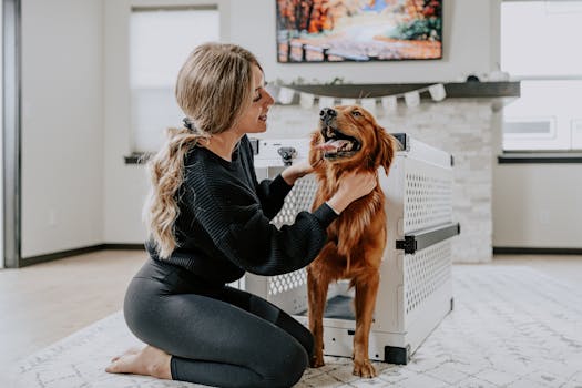 金毛与航空箱 Golden Retriever with Crate 穿瑜伽裤的女子与金毛犬在时尚航空箱旁 Woman in yoga pants with golden retriever next to dog crate.