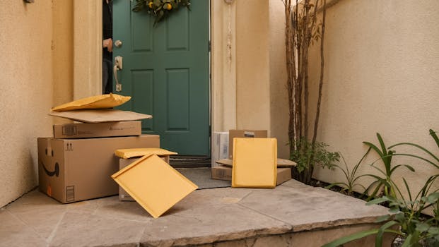 快递包裹 Delivery Packages 青色前门门廊上堆叠的多个快递包裹 Multiple packages on teal front door porch.