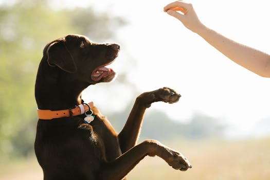 拉布拉多与人互动 Labrador Interaction 黑色拉布拉多犬与人互动 Black Labrador interacting with a person.