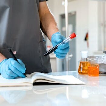 戴手套的科学家在笔记本上记录 Scientist wearing gloves recording observations.