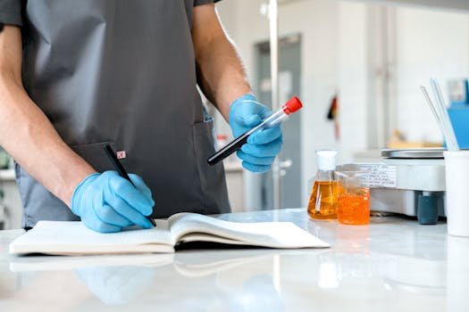 实验室记录 Lab Records 戴手套的科学家在笔记本上记录 Scientist wearing gloves recording observations.